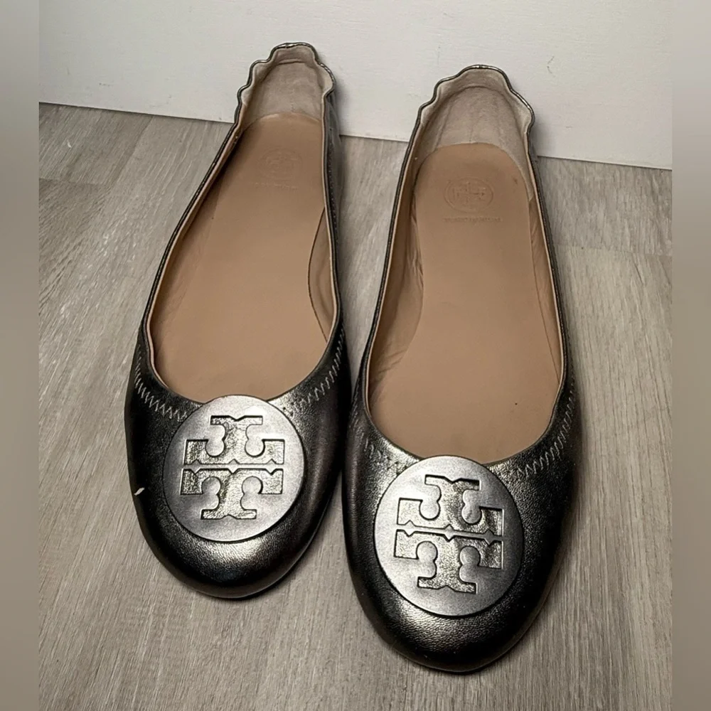 Tory Burch Minnie Metallic Silver/gray Leather Ballet Flat Women's Size 8 M